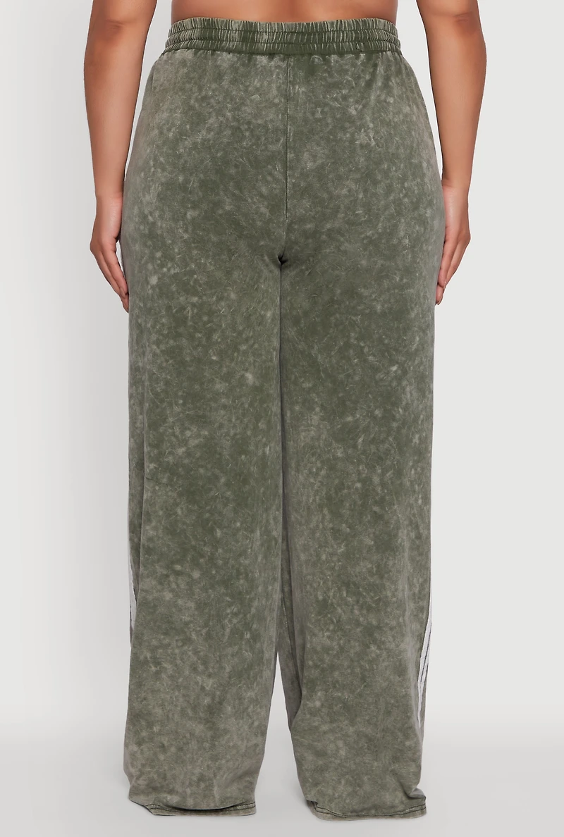 Womens Plus Size Daisy High Waisted Acid Wash Wide Leg Pants, Green, Size 1X