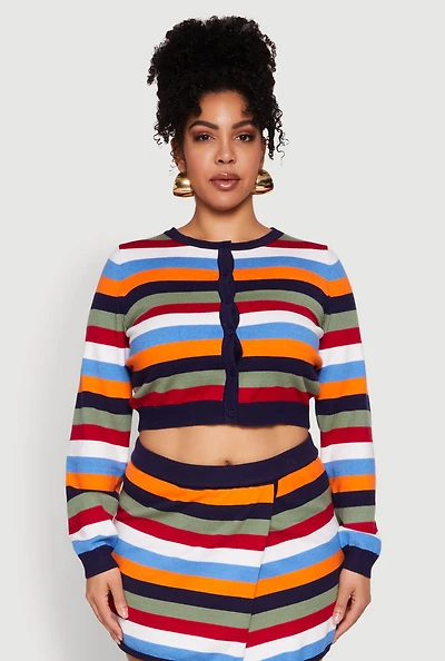 Plus Daisy Striped Knit Cropped Cardigan