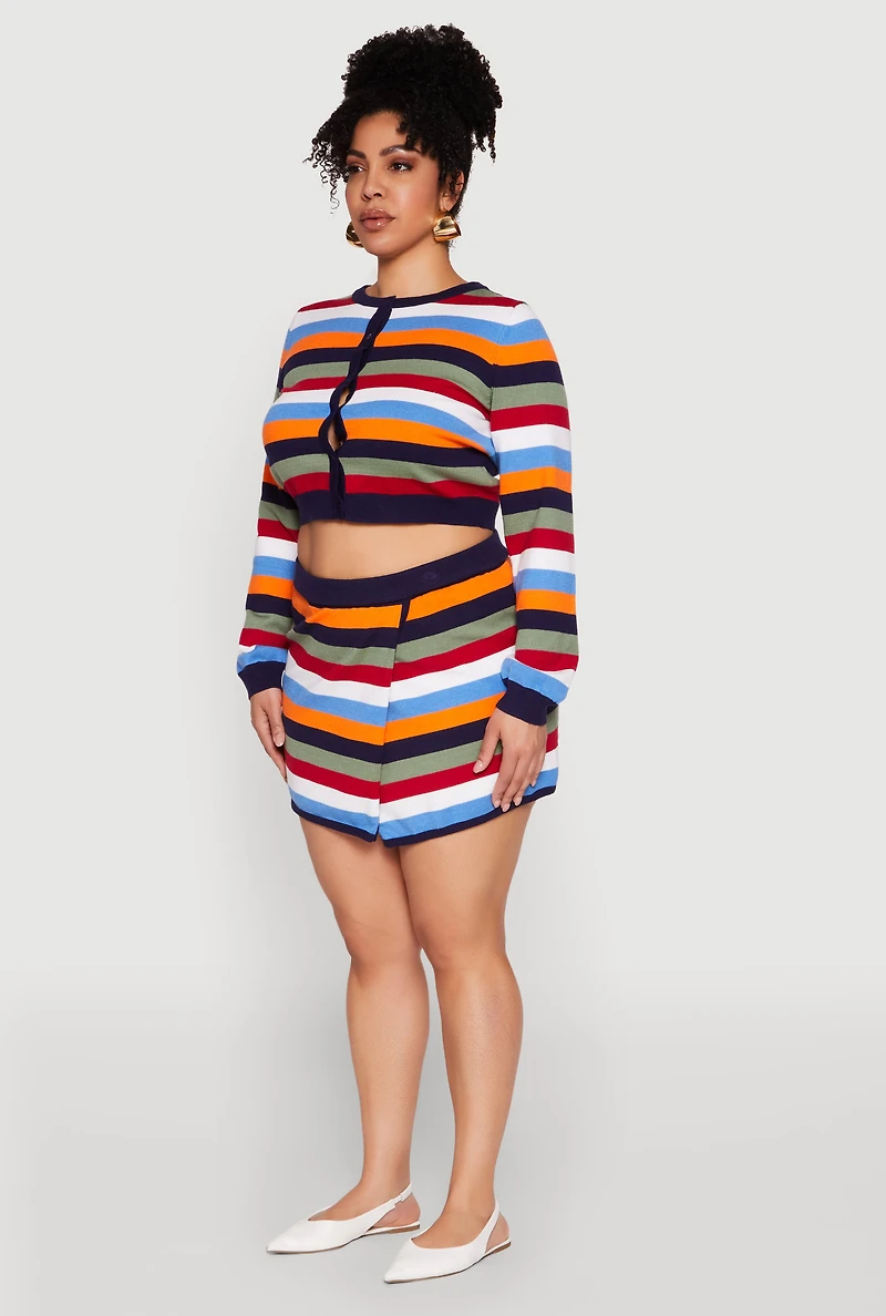 Womens Plus Size Daisy Striped Knit Cropped Cardigan, Multi, Size 1X