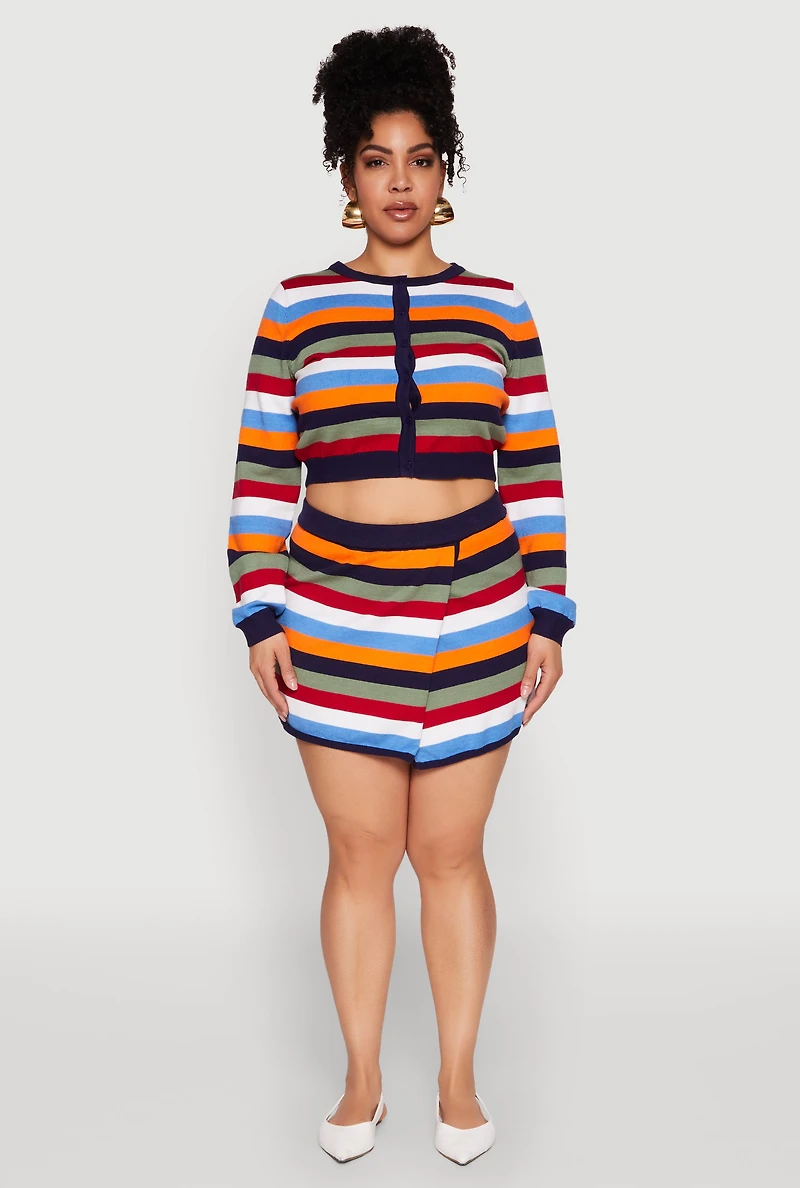 Plus Daisy Striped Knit Asymmetrical Mini Skirt