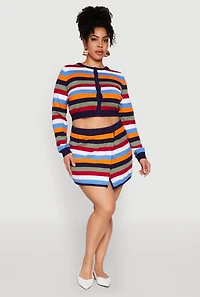 Womens Plus Size Daisy Striped Knit Asymmetrical Mini Skirt, Multi, Size 1X
