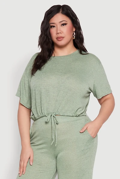 Womens Plus Daisy Brushed Knit Drawstring Hem Tee,