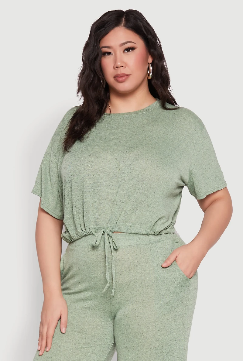 Womens Plus Daisy Brushed Knit Drawstring Hem Tee, 1X