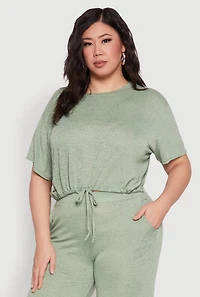 Womens Plus Daisy Brushed Knit Drawstring Hem Tee, 1X