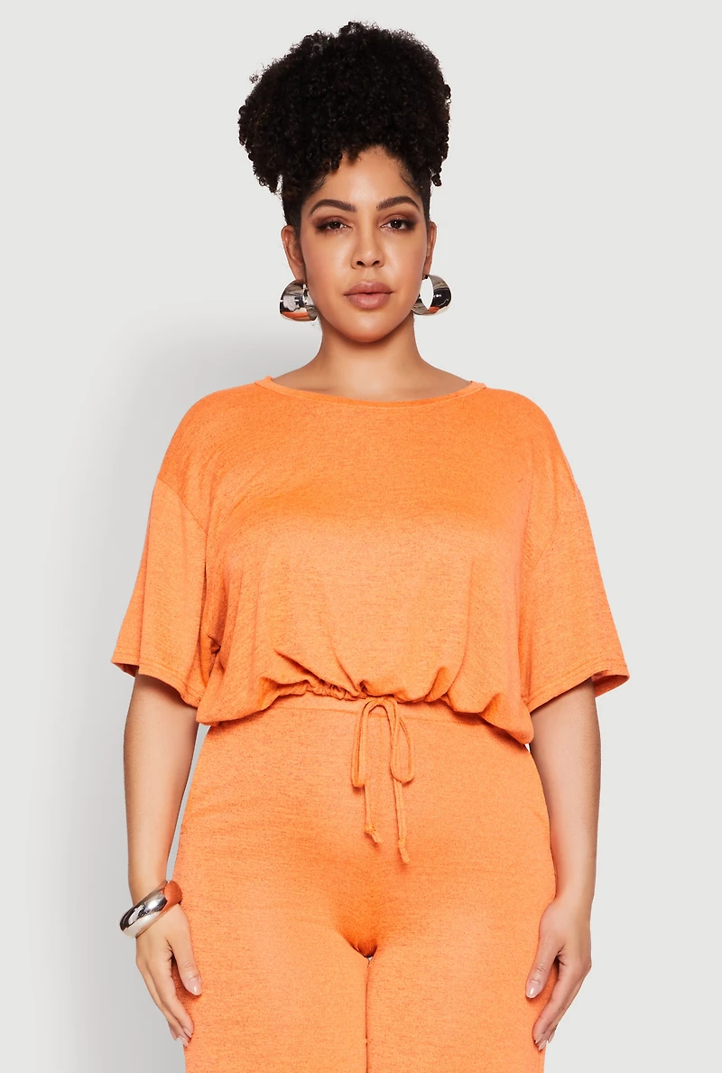 Womens Plus Daisy Brushed Knit Drawstring Hem Tee, Orange,