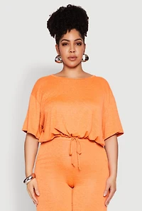 Womens Plus Daisy Brushed Knit Drawstring Hem Tee, Orange,