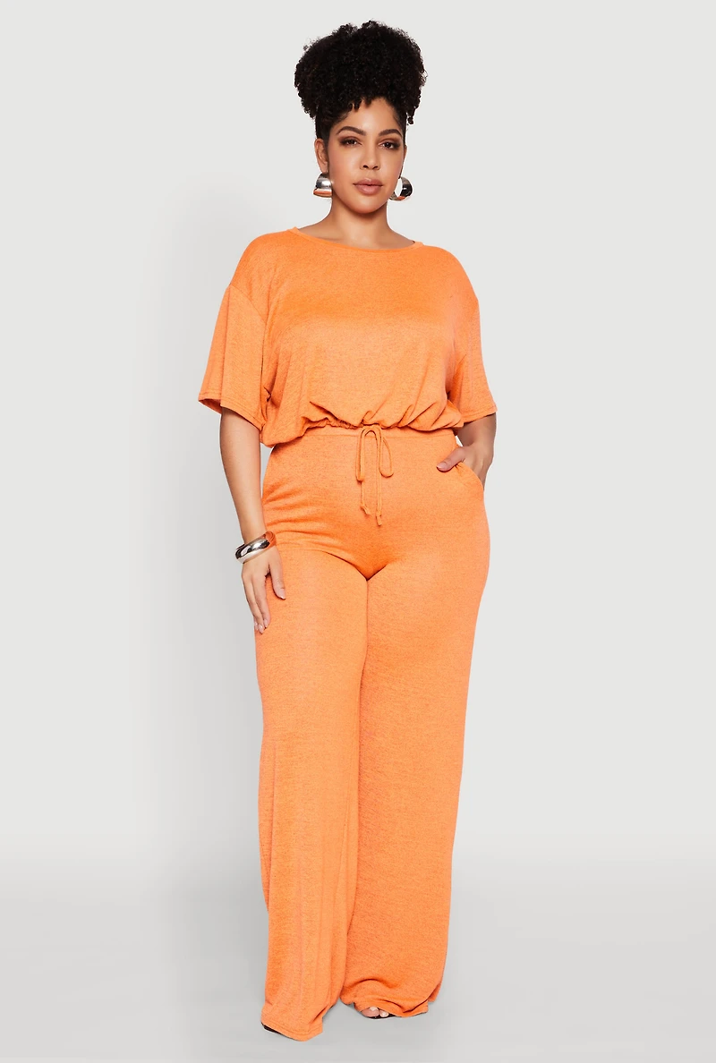Womens Plus Daisy Brushed Knit Drawstring Hem Tee, Orange,