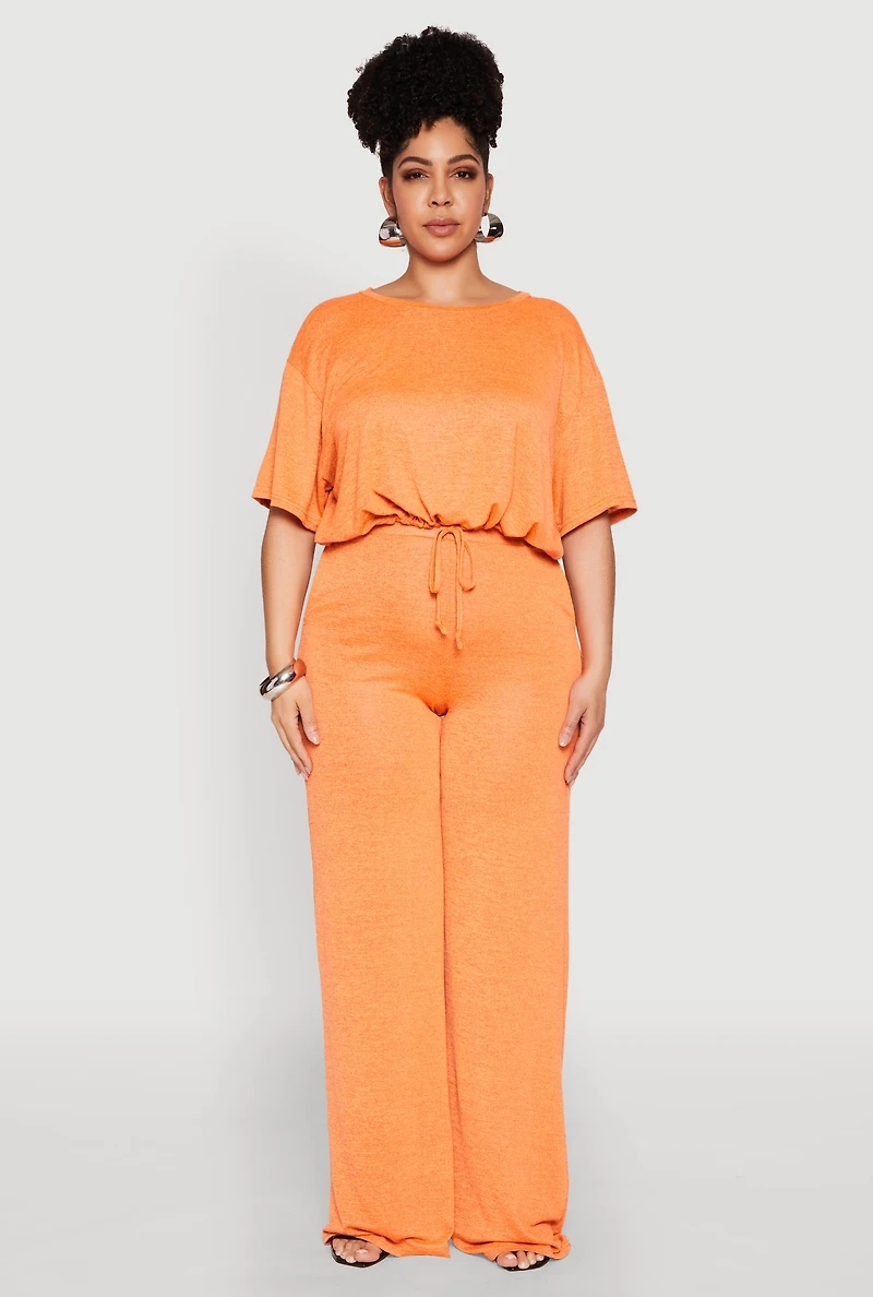 Womens Plus Daisy Brushed Knit Drawstring Hem Tee, Orange,