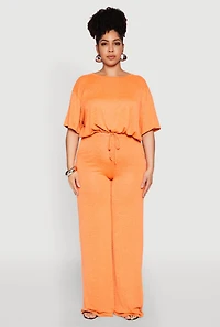Womens Plus Daisy Brushed Knit Drawstring Hem Tee, Orange,