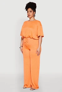Womens Plus Daisy Brushed Knit Drawstring Hem Tee, Orange,