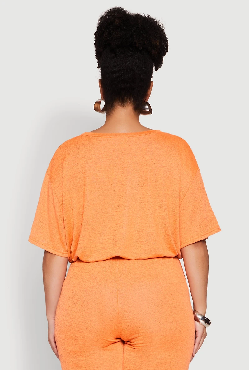 Womens Plus Daisy Brushed Knit Drawstring Hem Tee, Orange,