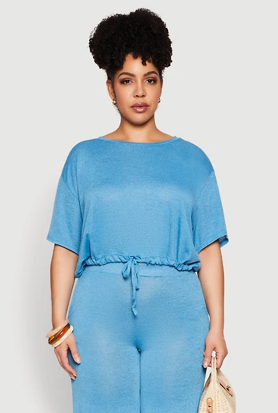 Womens Plus Daisy Brushed Knit Drawstring Hem Tee,