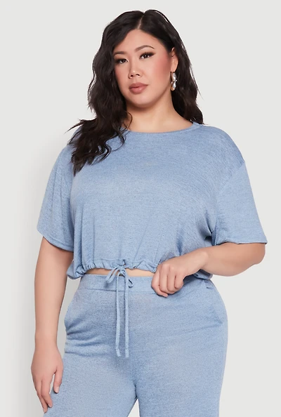 Womens Plus Daisy Brushed Knit Drawstring Hem Tee,