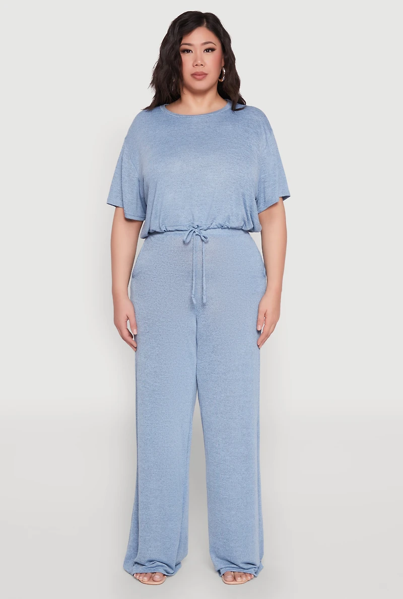 Womens Plus Size Daisy Brushed Knit Drawstring Hem Tee, Blue, Size 1X