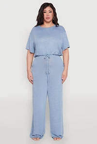 Womens Plus Size Daisy Brushed Knit Drawstring Hem Tee, Blue, Size 1X
