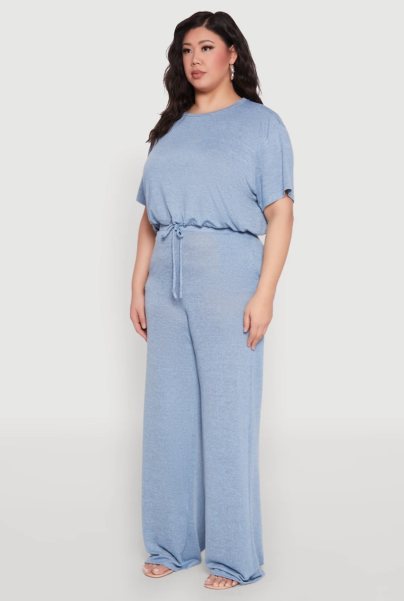 Womens Plus Size Daisy Brushed Knit Drawstring Hem Tee, Blue, Size 1X