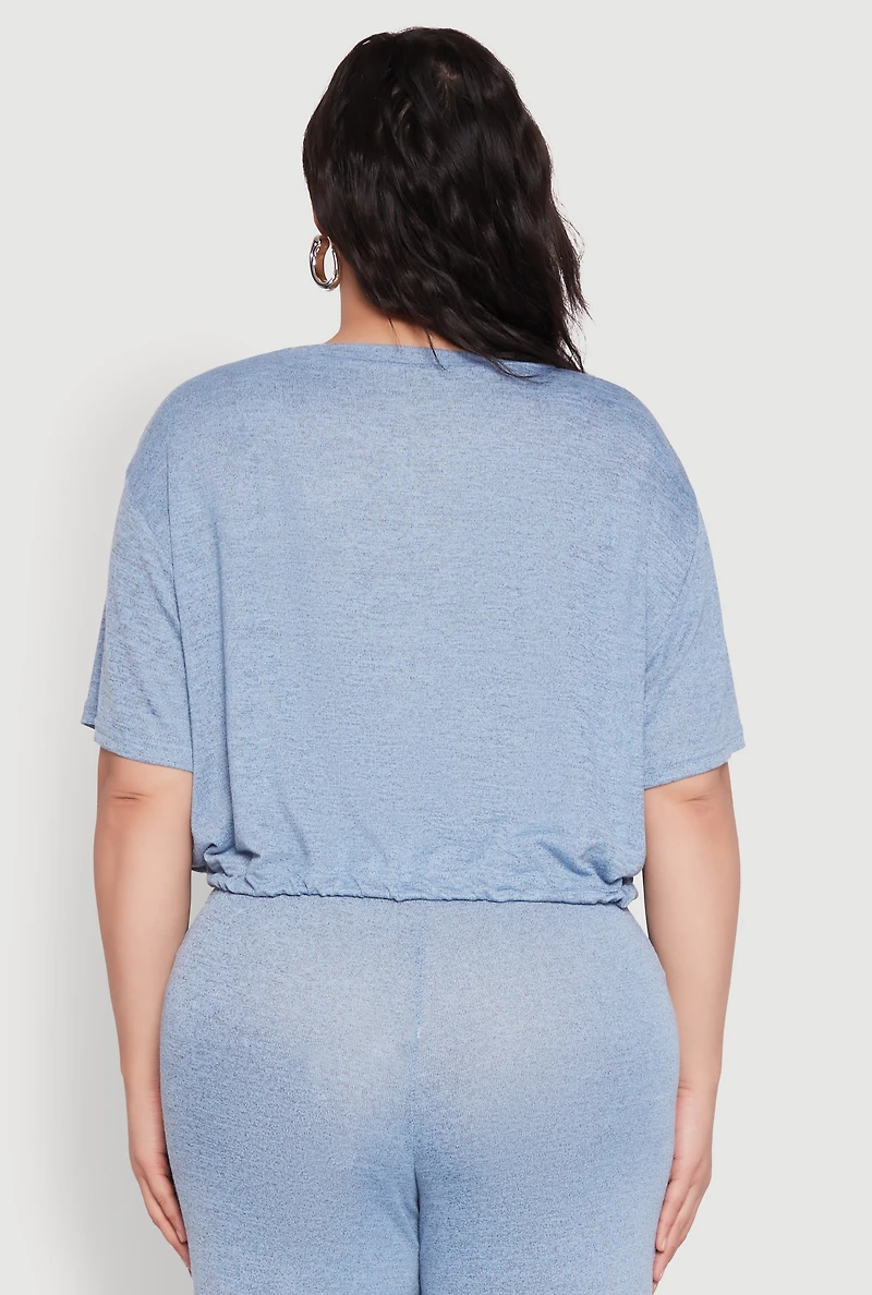 Womens Plus Size Daisy Brushed Knit Drawstring Hem Tee, Blue, Size 1X