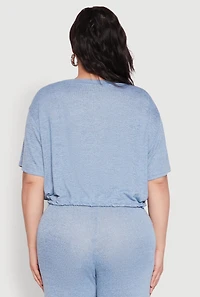 Womens Plus Size Daisy Brushed Knit Drawstring Hem Tee, Blue, Size 1X