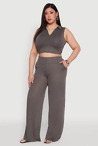 Womens Plus Daisy Sleeveless Cropped Polo Top, Grey,