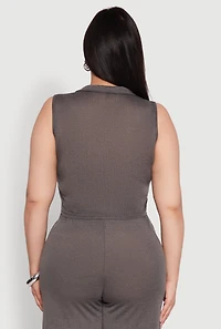 Womens Plus Daisy Sleeveless Cropped Polo Top, Grey,