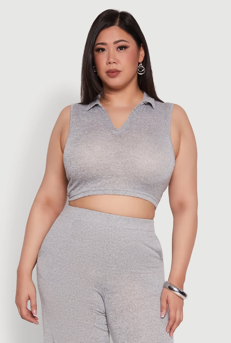 Womens Plus Daisy Sleeveless Cropped Polo Top, Grey,