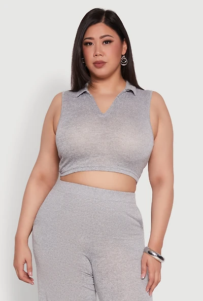 Womens Plus Daisy Sleeveless Cropped Polo Top, Grey,