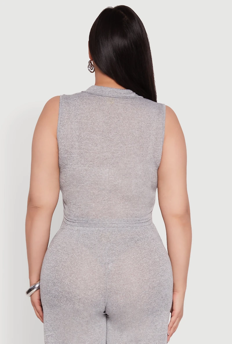 Womens Plus Daisy Sleeveless Cropped Polo Top, Grey,