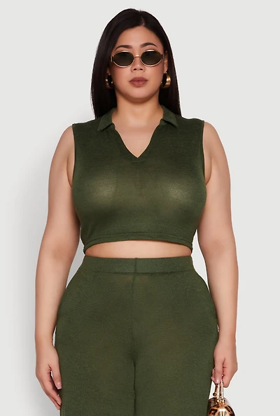 Womens Plus Daisy Sleeveless Cropped Polo Top,