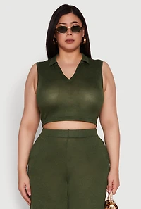 Womens Plus Daisy Sleeveless Cropped Polo Top,