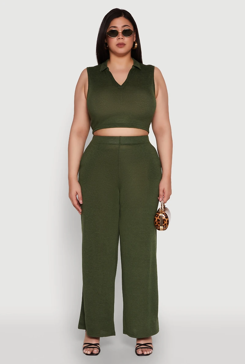 Womens Plus Daisy Sleeveless Cropped Polo Top,