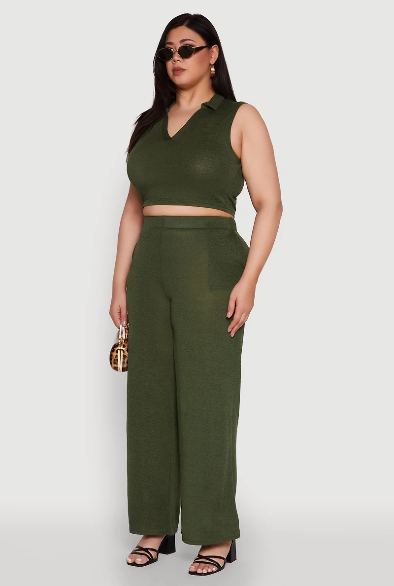 Womens Plus Daisy Sleeveless Cropped Polo Top,