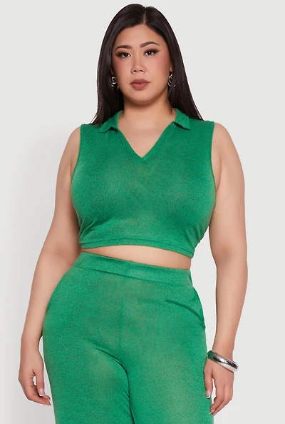 Womens Plus Daisy Sleeveless Cropped Polo Top,