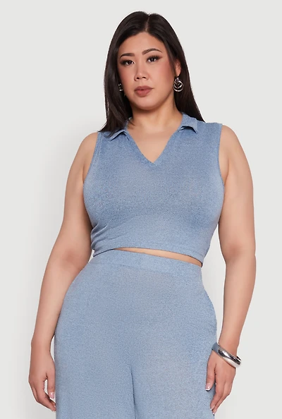 Womens Plus Daisy Sleeveless Cropped Polo Top,