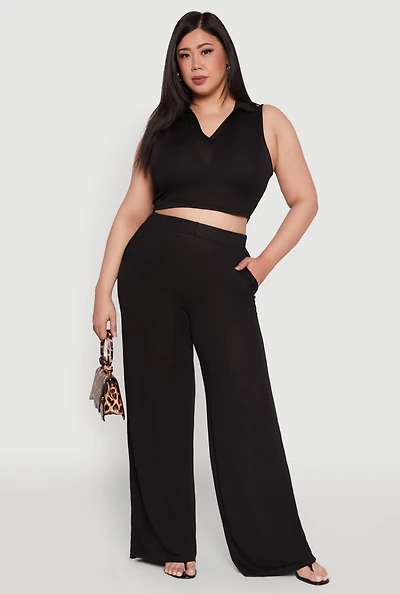 Womens Plus Daisy High Waisted Wide Leg Palazzo Pants,