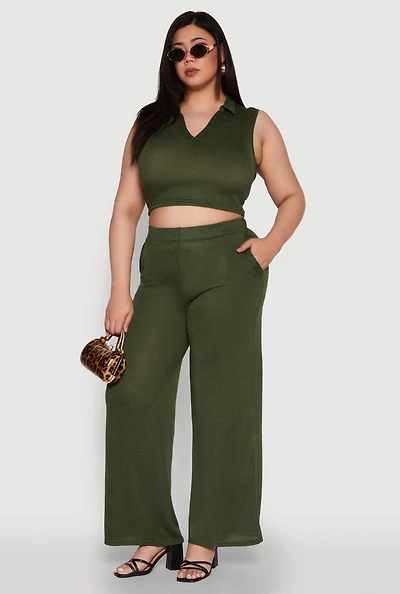 Womens Plus Daisy High Waisted Wide Leg Palazzo Pants,