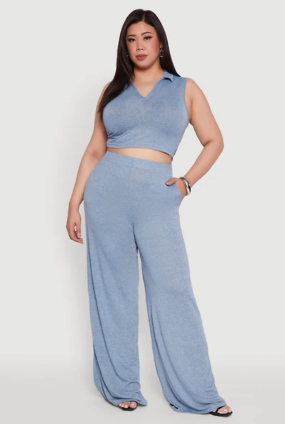 Womens Plus Daisy High Waisted Wide Leg Palazzo Pants,