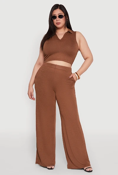 Womens Plus Daisy High Waisted Wide Leg Palazzo Pants,
