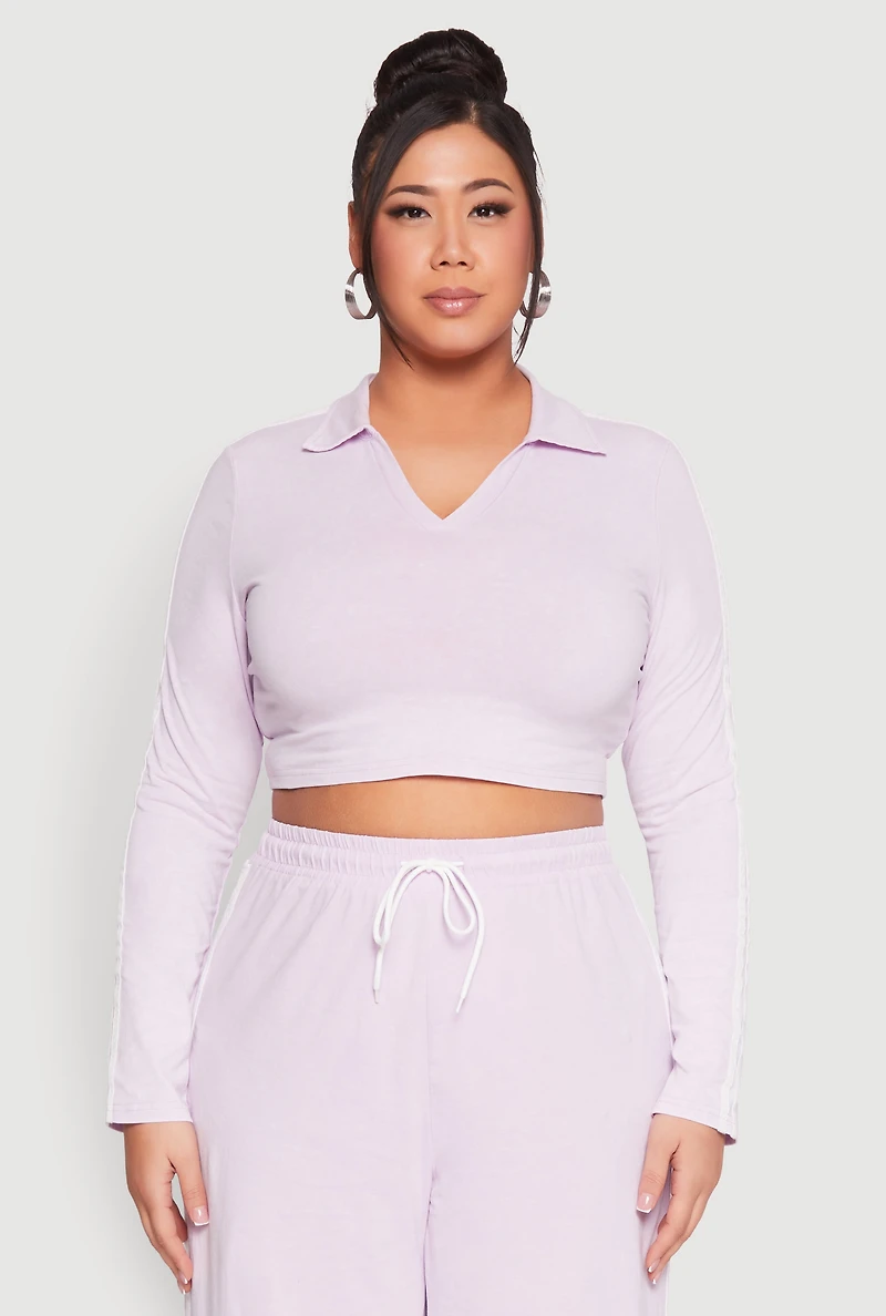 Womens Plus Daisy Mineral Wash Varsity Stripe Crop Top, Purple,