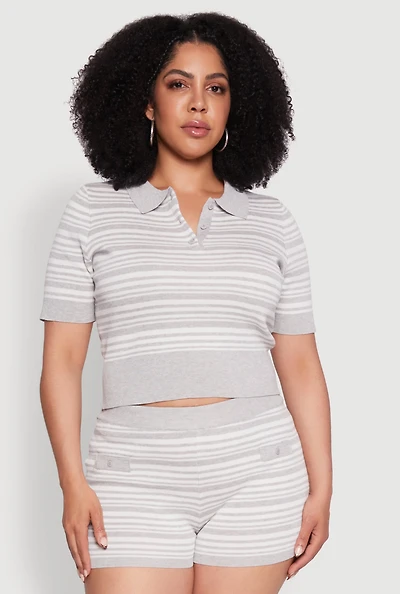 Plus Daisy Striped Cropped Polo Shirt
