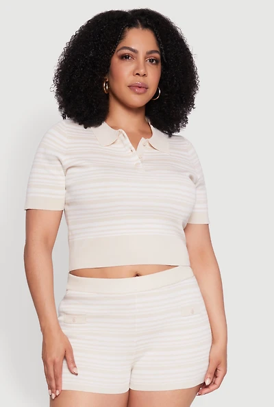 Womens Plus Daisy Striped Cropped Polo Shirt,