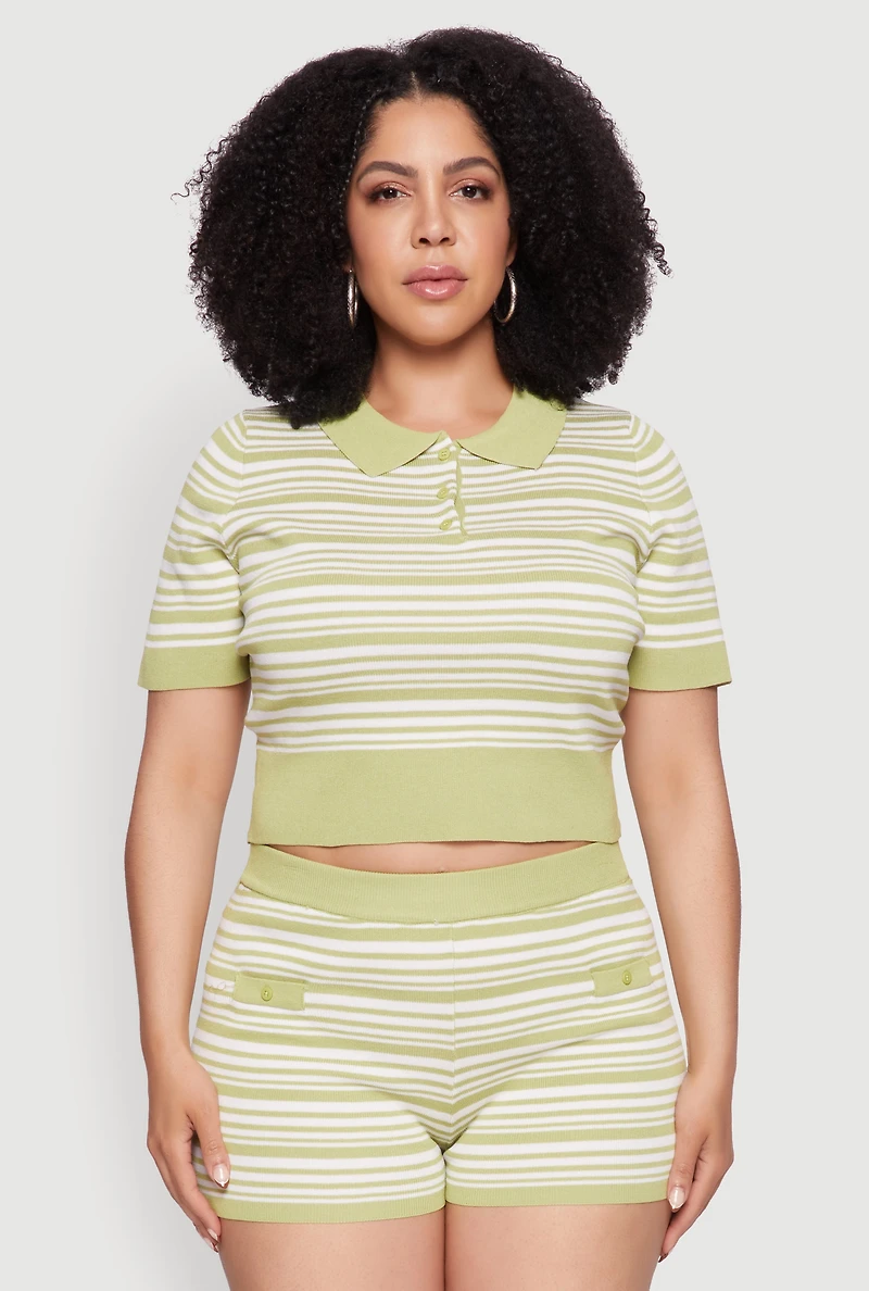 Womens Plus Daisy Striped Cropped Polo Shirt,