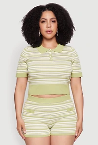 Womens Plus Daisy Striped Cropped Polo Shirt,