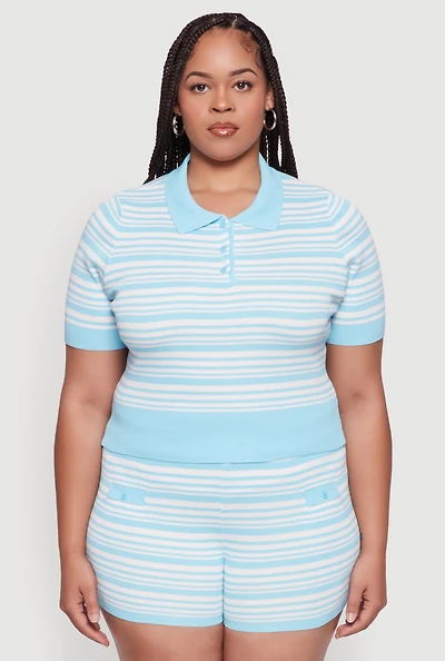 Womens Plus Daisy Striped Cropped Polo Shirt,