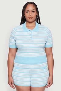 Womens Plus Daisy Striped Cropped Polo Shirt,