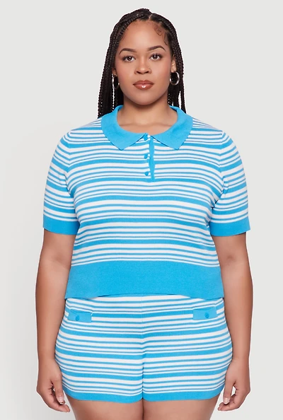 Womens Plus Daisy Striped Cropped Polo Shirt,