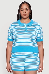 Womens Plus Daisy Striped Cropped Polo Shirt,