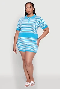 Womens Plus Daisy Striped Cropped Polo Shirt,