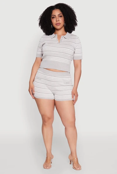 Womens Plus Size Daisy Striped Button Detail Shorts, Grey, Size 3X