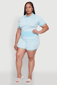 Womens Plus Daisy Striped Button Detail Shorts,