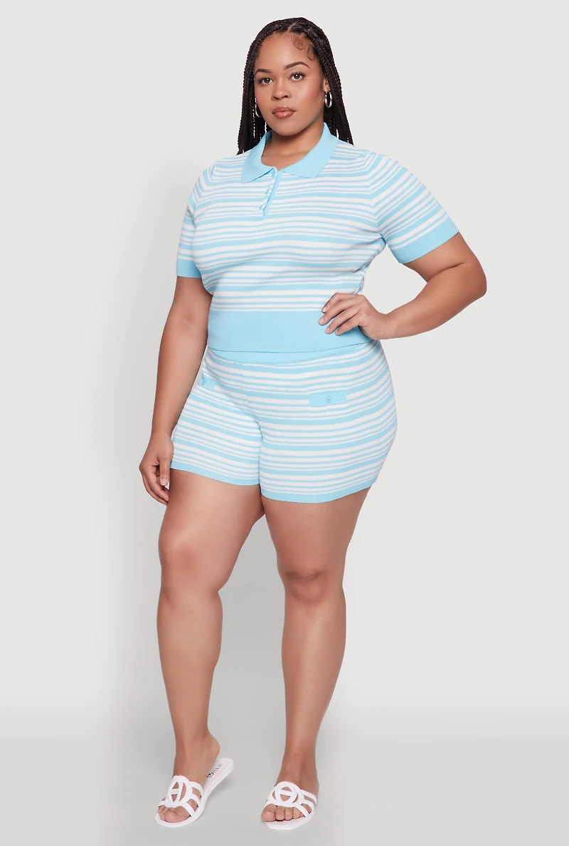 Womens Plus Daisy Striped Button Detail Shorts,